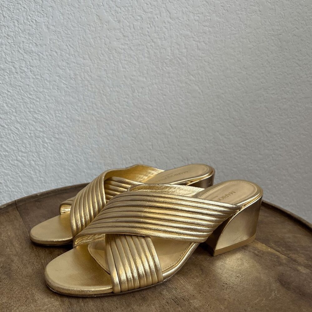 Marion Parke Soft Gold Leather Izzy Criss-Cross Block Heel Sandals Women's 37 US